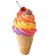 rainbow sherbet ice cream cone on transparent background