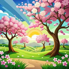 Cherry blossom trees in a sunny meadow vector background