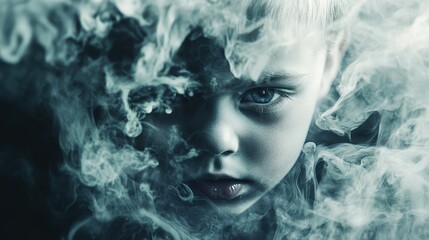 Fototapeta premium Swirling industrial smoke creating an ominous child's face, Abstract representation of pollution.