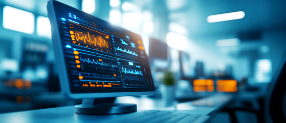 Analyzing healthcare data trends modern medical facility digital dashboard professional environment close-up view health insights