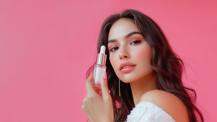 Fototapeta premium Young woman with long brunette hair holding a cosmetics bottle against a pink background. Skincare and beauty concept with soft lighting and elegant composition. Banner, copy space.