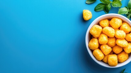 Fototapeta premium Bowl of cheese puffs on blue background with green leaves