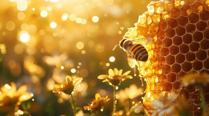 Golden Honeycomb Close-Up with Dripping Honey and Bee in Sunlight