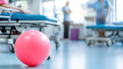 Fototapeta premium Pink exercise ball in rehabilitation center with beds visible
