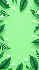 An illustration featuring a green tropical leaf pattern with white flower accents on a light grey background. It embodies themes of ecology and sustainability.