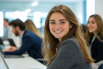 Fototapeta premium A woman smiles while sitting at a desk with a laptop