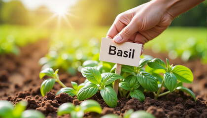 Hand planting basil seedling in garden, Garden Preparation Theme, Labor Day Theme
