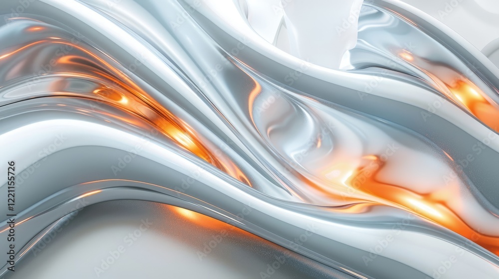 Poster abstract liquid metal and orange fluid shapes with reflective surfaces. background image of digital 