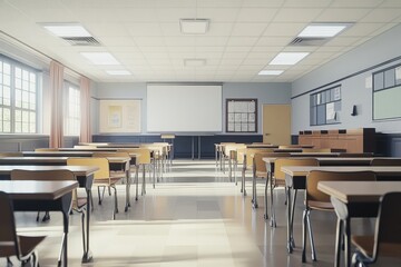 A classroom that is completely empty, featuring rows of desks and chairs
