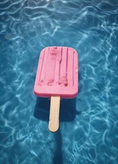 A small pink ice popsicle floating in a large pool of blue water, sweet toy, melting treat