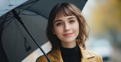 Young woman with umbrella smiling in autumn rain