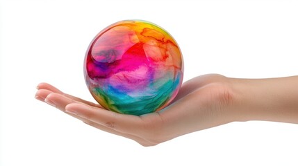 A hand holding a colorful ball