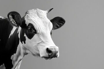 A black and white photo of a cow on a white background