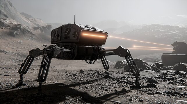 Robotic walker exploring desolate alien planet