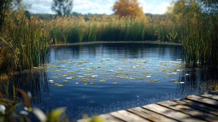 Serene pond reflection lakeside nature photography lush environment ground-level tranquility in wilderness