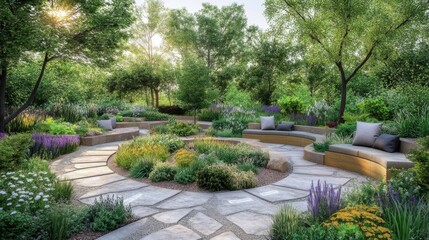 Obraz premium Serene garden retreat urban park landscape design tranquil environment aerial view nature's beauty