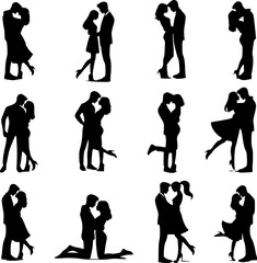 Obraz premium A collection of black silhouette illustrations of couples embracing, in various poses, conveying different levels of intimacy.
