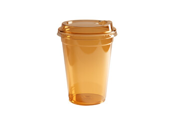 A Translucent Amber Disposable Cup with Lid against a stark black backdrop a classic beverage container