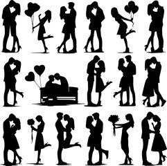 Fototapeta premium A collection of black silhouette illustrations of couples embracing, in various poses, conveying different levels of intimacy.