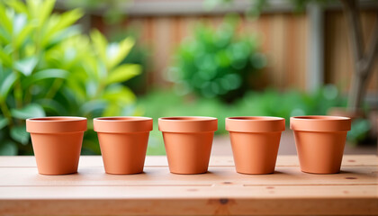 Terracotta plant pots on wooden table in garden setting, Garden Preparation Theme
