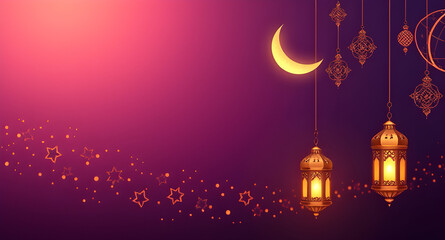 Serene Ramadan Background with Golden Arabic Patterns, Crescent Moon, and Lanterns Glowing Softly on Rich Purple and Navy Gradient