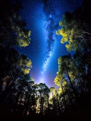 Fototapeta premium Beautiful night sky surrounded by trees from a low angle