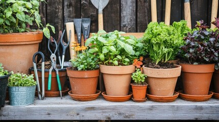 A small balcony filled with planters and gardening tools neatly arranged.