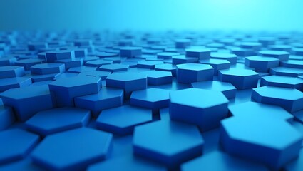 Abstract 3D render of a landscape formed by blue hexagonal prisms, bathed in soft light