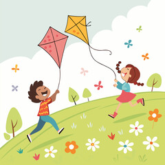 Kids flying kites in a blooming meadow vector illustration
