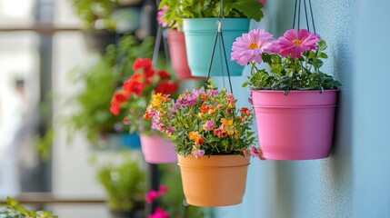 A small balcony with hanging flower pots in bright and pastel colors.