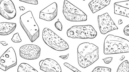 Hand-Drawn Cheese Illustrations Featuring Various Types of Cheese with Clean Lines on a White Background for Culinary and Design Projects