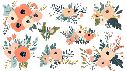 Pastel floral bouquets design elements for spring wedding invitations