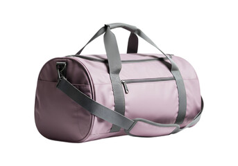 A light pink duffel bag with gray straps is set against a dark black background