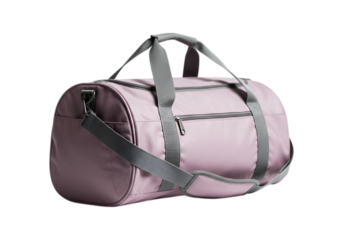 A light pink duffel bag with gray straps is set against a dark black background
