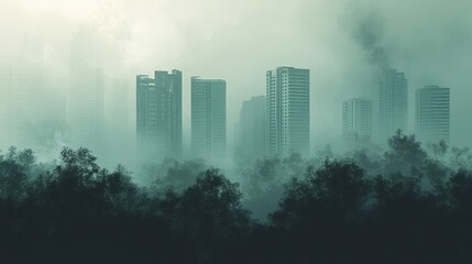 Fototapeta premium Urban forest fading into thick smog, merging nature with urban pollution, [air quality], [haze blend].