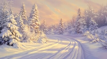 Fototapeta premium Serene Snowy Road Under Soft Sunrise Light