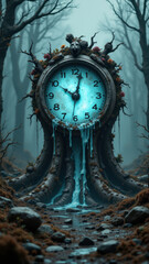 A fantastical clock with a melting design stands as a symbol of sustainability amidst an enchanting forest setting.