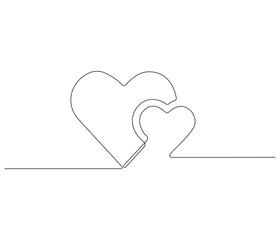 Two heart and love sign. One continuous line drawing of love icon. Symbol of Valentine day and romantic moment. Editable stroke. Doodle line illustration