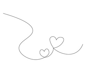 Two heart and love sign. One continuous line drawing of love icon. Symbol of Valentine day and romantic moment. Editable stroke. Doodle line illustration