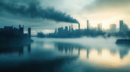 Naklejka premium Urban river polluted with industrial runoff, heavy fog reflecting the toxic atmosphere, [environmental degradation], [urban haze].