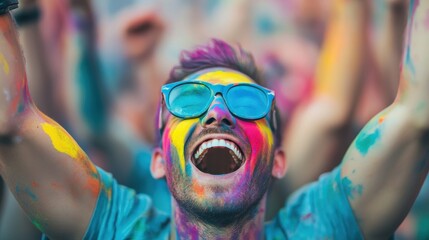 Obraz premium A joyful person covered in vibrant colors celebrates at a festival, showcasing enthusiasm and energy in a lively crowd.