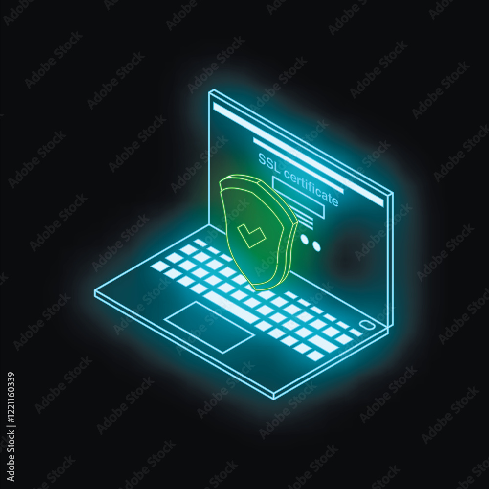 Poster neon laptop showing secure certificate with checkmark and shield floating above keyboard