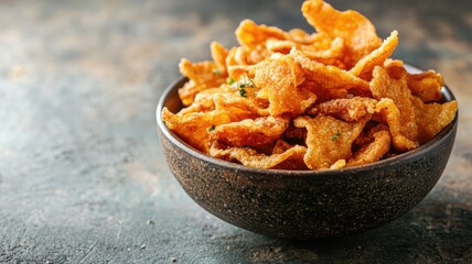 Fototapeta premium Bowl of crispy fried pork rinds with seasoning