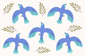 Set with colorful birds. Floral springtime hand drawn illustration.