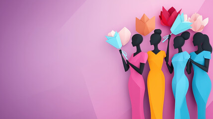 Women's Day highlights unity through advocacy promoting equality and empowerment. Colorful Paper Flowers and Elegant Women with Stylish Dresses