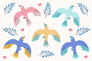Set with colorful birds. Floral springtime hand drawn illustration.