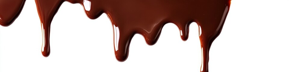 Chocolate drips from a cake against a white background
