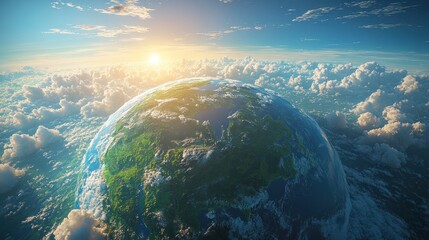 Sunrise over Earth, cloudscape, aerial view; environmental concept