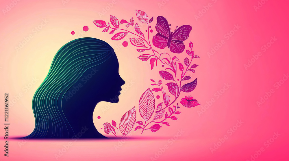 Poster Women's Day highlights unity through advocacy promoting equality and empowerment. Elegant Silhouette of a Woman Surrounded by Nature Elements