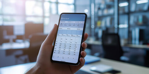 A hand holding modern smartphone with a time management app open, showcasing a well-organized schedule and to-do list on blurred office background.